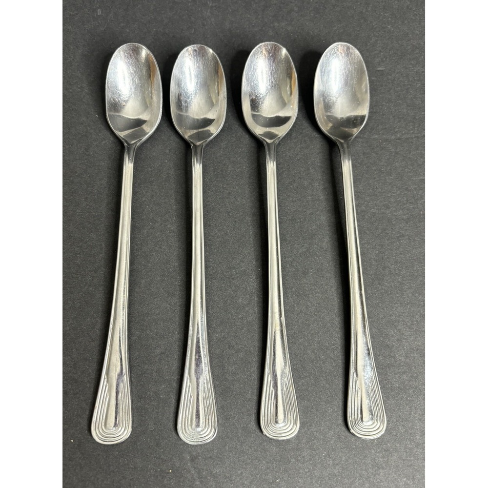 4 Serco Royale Reflections Iced Tea Spoons Stainless Flatware Art Deco 7 1/2"